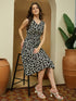 Janasya Women's Black & White Linen Cotton Abstract Printed A-line Dress